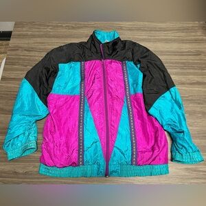 Vintage wind breaker jacket 80s 90s vibes black teal fuchsia color block medium